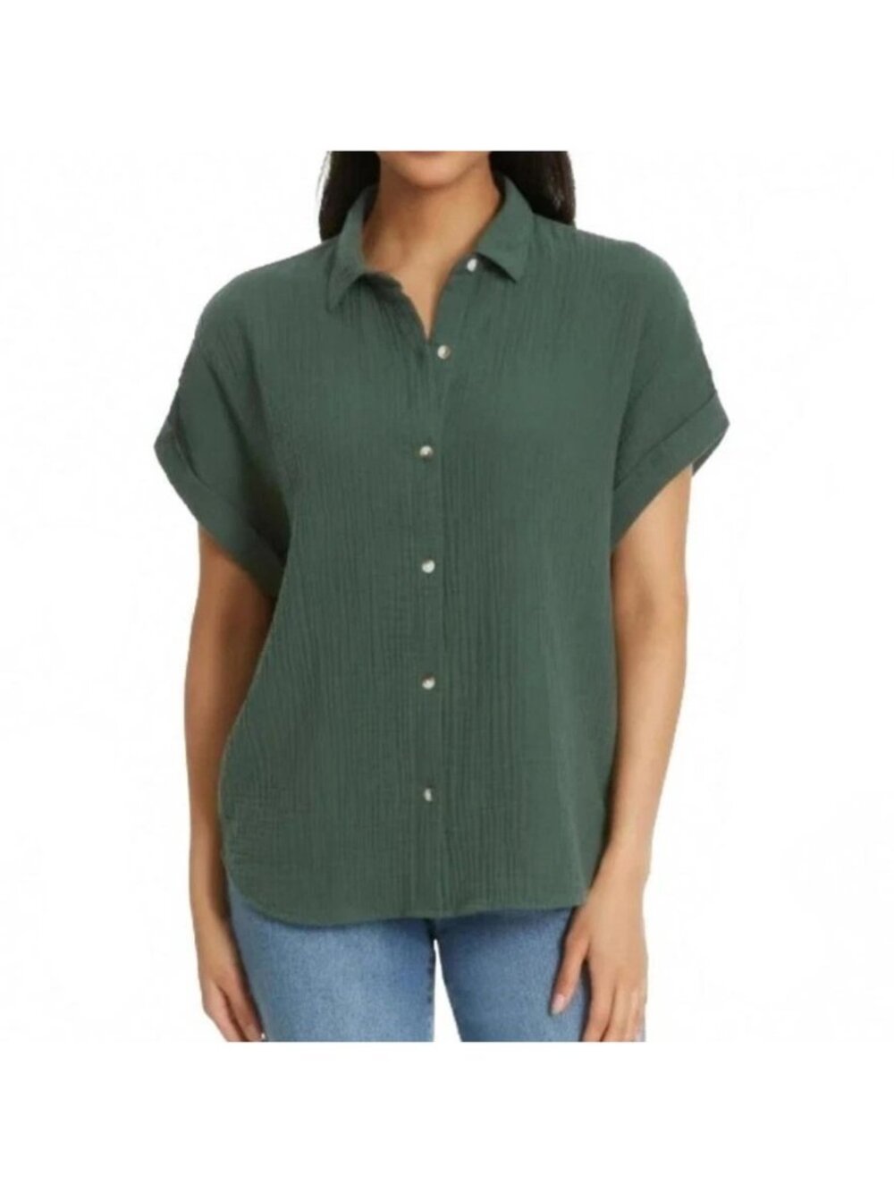 Jessica Simpson Women's S Gauze Green Button-Up Short-Sleeve Shirt L1497